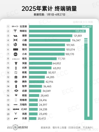 新能源汽车品牌终端销量榜2025年榜单发布，小米荣登第七名